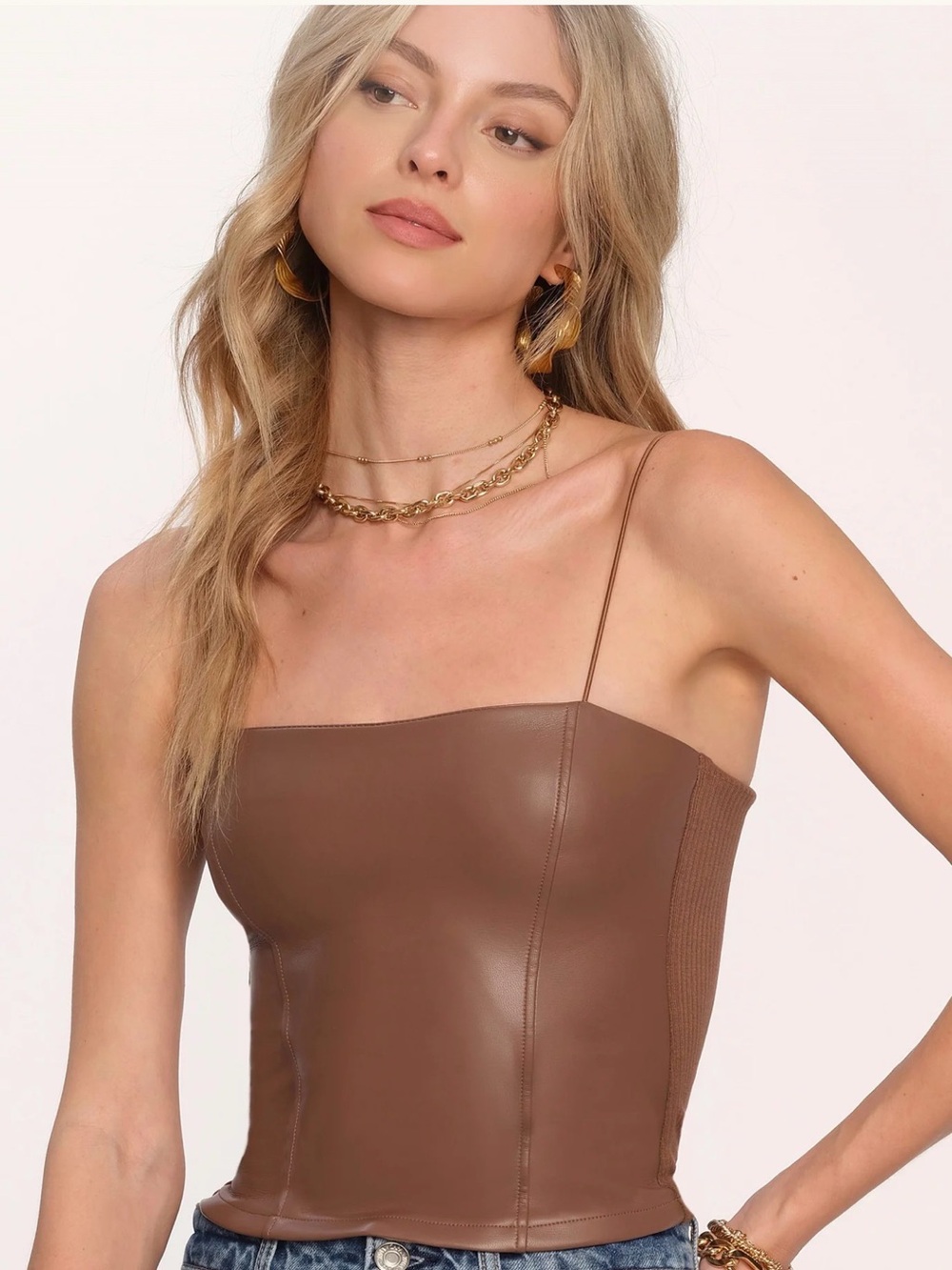 Heartloom | Brown Faux-Leather Square Neck Cami Top